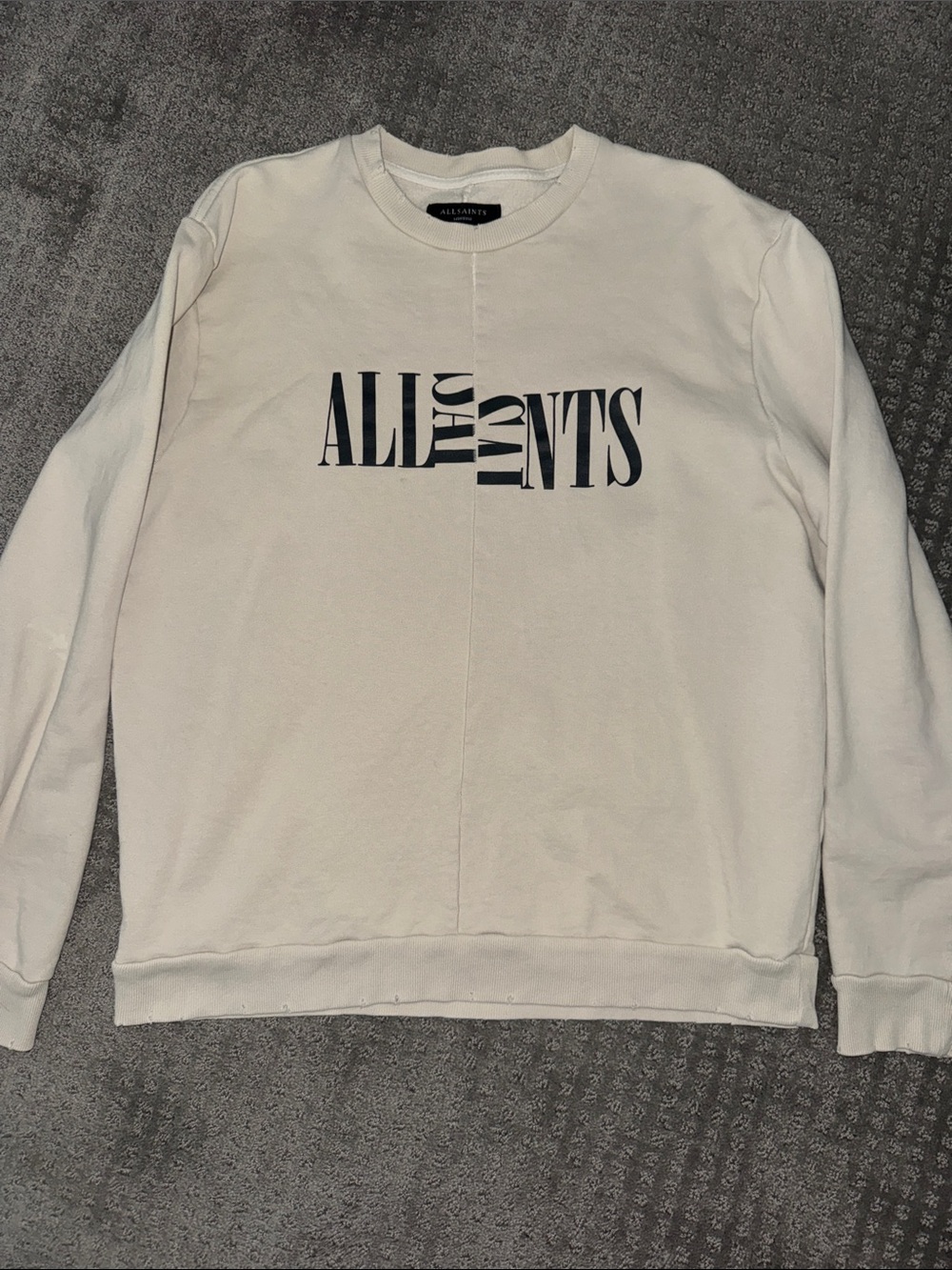 Men's All Saints Cream Crewneck Sweatshirt with Black Logo